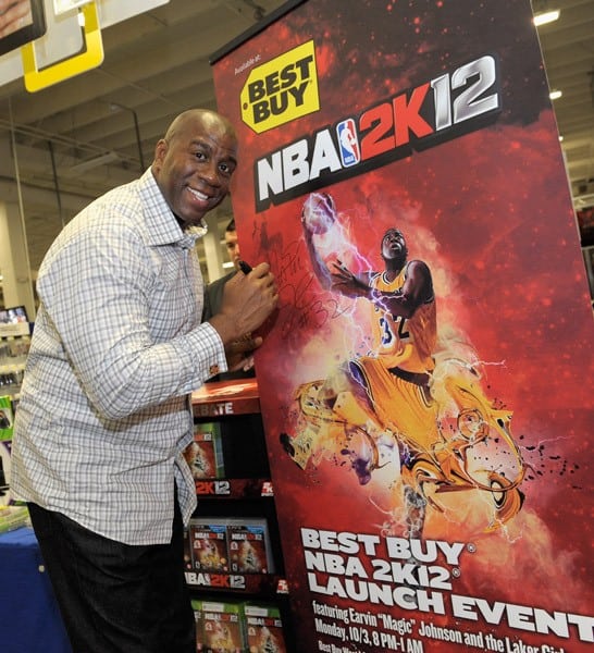 NBA legend Earvin 'Magic' Johnson hosts the NBA 2K12 Launch Event at the Best Buy in West LA on October 3, 2011 in Los Angeles, California.