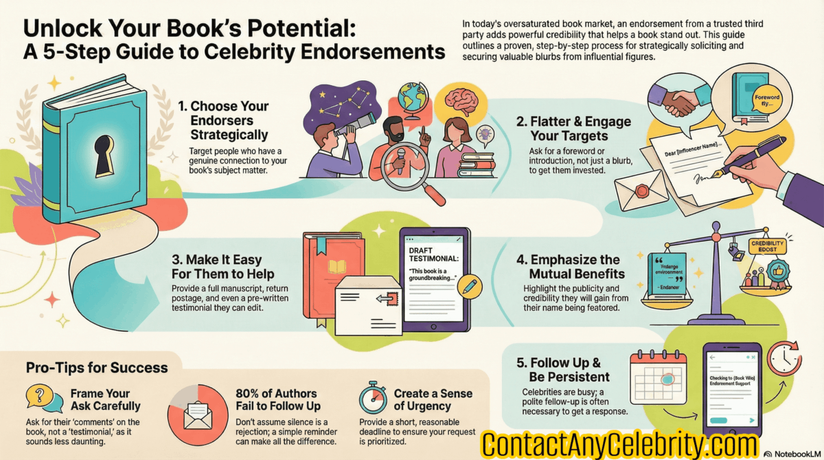 A step-by-step infographic on securing celebrity book endorsements. The five steps are: 1. Choose Endorsers Strategically; 2. Flatter & Engage Your Targets; 3. Make It Easy For Them to Help; 4. Emphasize the Mutual Benefits; 5. Follow Up & Be Persistent. Pro-Tips include framing the ask carefully and creating a sense of urgency.