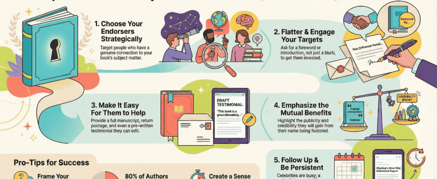 A step-by-step infographic on securing celebrity book endorsements. The five steps are: 1. Choose Endorsers Strategically; 2. Flatter & Engage Your Targets; 3. Make It Easy For Them to Help; 4. Emphasize the Mutual Benefits; 5. Follow Up & Be Persistent. Pro-Tips include framing the ask carefully and creating a sense of urgency.
