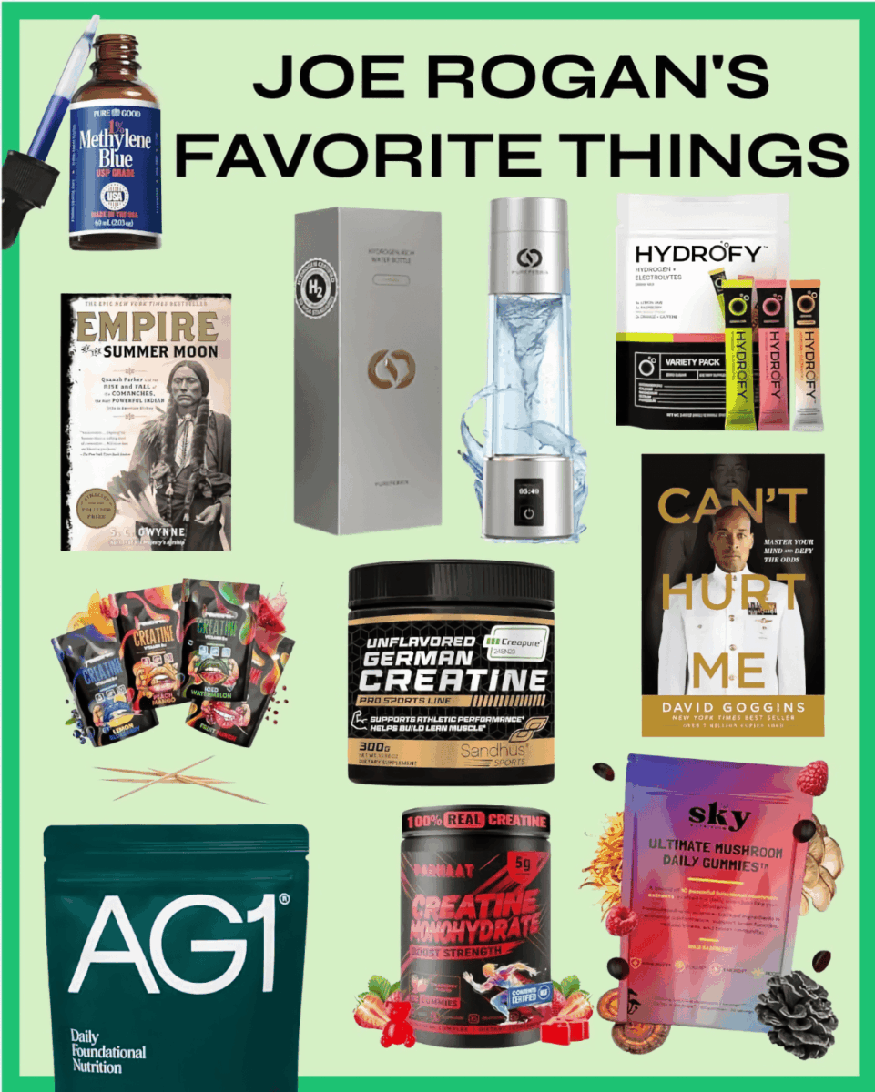 A collage titled 'Joe Rogan's Favorite Things' showcasing various health supplements, books, and accessories. Products include a bottle of Methylene Blue, the book 'Empire of the Summer Moon,' a gray box and clear portable device for a hydrogenated water bottle, a box of 'Hydrofy' electrolytes, packets of flavored creatine, a large tub of unflavored 'German Creatine,' the book 'Can't Hurt Me' by David Goggins, a large green bag of 'AG1' (Athletic Greens) Daily Foundational Nutrition, a tub of 'Creatine Monohydrate' gummies, and a purple bag of 'Sky Ultimate Mushroom Daily Gummies.'