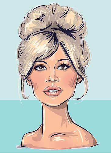 Stylized turquoise digital illustration of Brigitte Bardot featuring her iconic blonde beehive hairstyle and 1960s winged eyeliner.