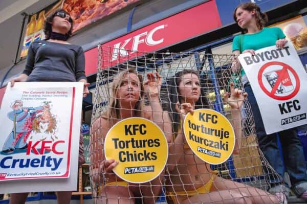 Animal activists Jodi Ruckley (left) and Karolina Kostrzzewa-Colwill (right) in a cage during a protest for PETA's Campaign Against KFC in front of a KFC restaurant in Warsaw, Poland.