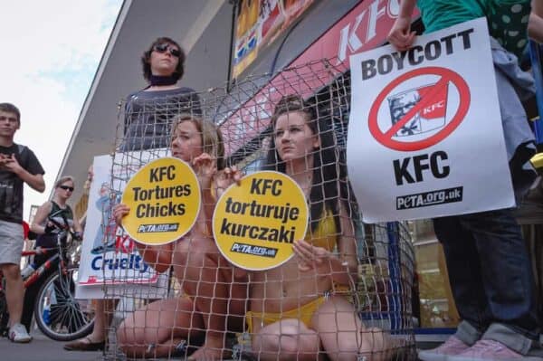 Animal activists Jodi Ruckley (left) and Karolina Kostrzzewa-Colwill (right) in a cage during a protest for PETA's Campaign Against KFC in front of a KFC restaurant in Warsaw, Poland.