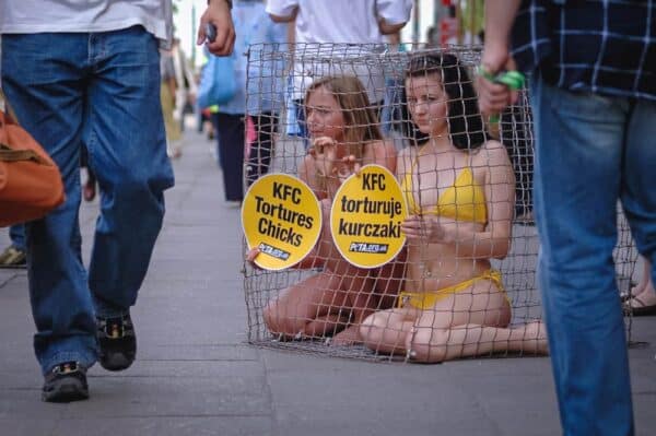 Animal activists Jodi Ruckley (left) and Karolina Kostrzzewa-Colwill (right) in a cage during a protest for PETA's Campaign Against KFC in front of a KFC restaurant in Warsaw, Poland.